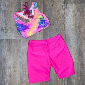 Neon Crop Top and Biker Shorts Two Piece Set